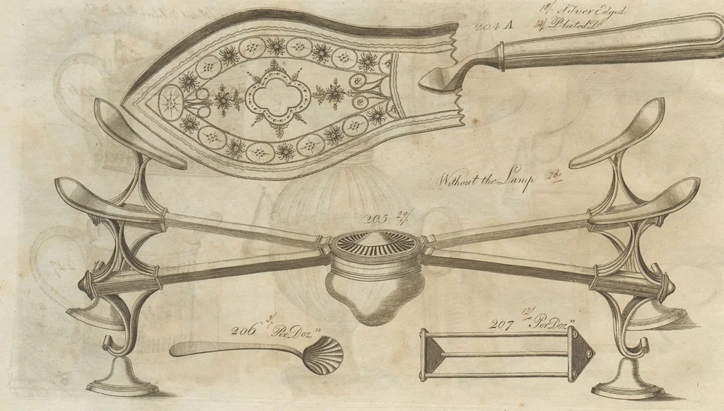 An illustration from Engraved pattern book or trade catalogue of Sheffield plate, including cruet, soy frames, dinnerware, soup tureens, sauce boats, platters, coasters, salt cellars, mustard pots, serving pieces, utensils, cake baskets, tea urns, candlesticks, candelabra, oil lamps, snuffers and more, 1800, leaf 108