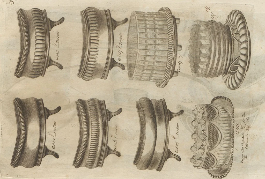 An illustration from Engraved pattern book or trade catalogue of Sheffield plate, including cruet, soy frames, dinnerware, soup tureens, sauce boats, platters, coasters, salt cellars, mustard pots, serving pieces, utensils, cake baskets, tea urns, candlesticks, candelabra, oil lamps, snuffers and more, 1800, leaf 109