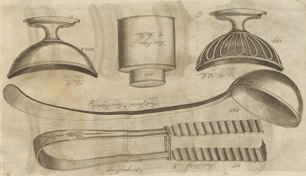 An illustration from Engraved pattern book or trade catalogue of Sheffield plate, including cruet, soy frames, dinnerware, soup tureens, sauce boats, platters, coasters, salt cellars, mustard pots, serving pieces, utensils, cake baskets, tea urns, candlesticks, candelabra, oil lamps, snuffers and more, 1800, leaf 110