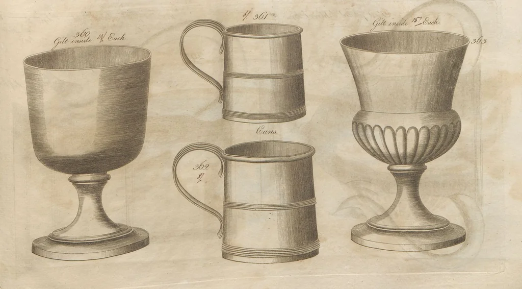 An illustration from Engraved pattern book or trade catalogue of Sheffield plate, including cruet, soy frames, dinnerware, soup tureens, sauce boats, platters, coasters, salt cellars, mustard pots, serving pieces, utensils, cake baskets, tea urns, candlesticks, candelabra, oil lamps, snuffers and more, 1800, leaf 111
