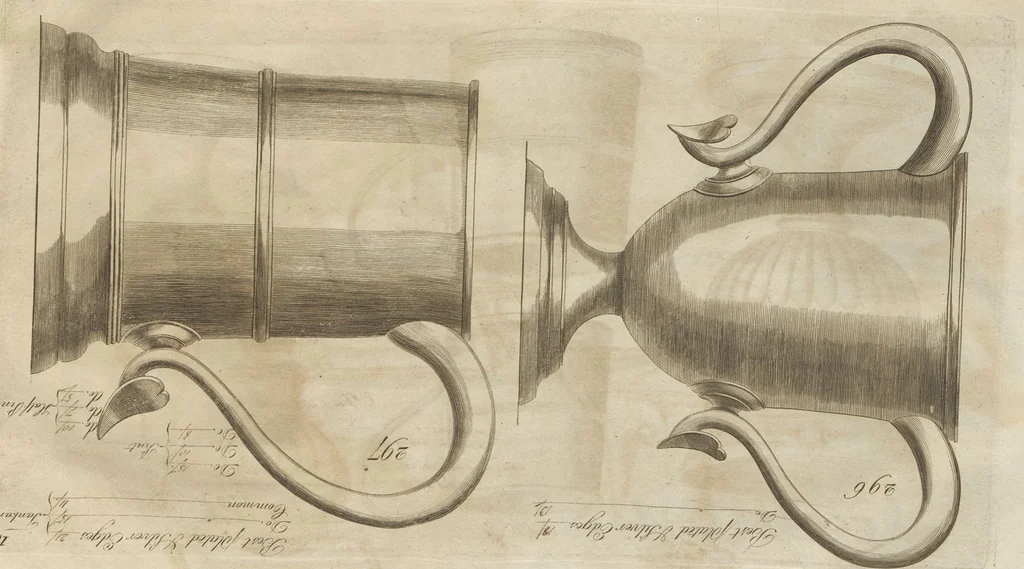 An illustration from Engraved pattern book or trade catalogue of Sheffield plate, including cruet, soy frames, dinnerware, soup tureens, sauce boats, platters, coasters, salt cellars, mustard pots, serving pieces, utensils, cake baskets, tea urns, candlesticks, candelabra, oil lamps, snuffers and more, 1800, leaf 112