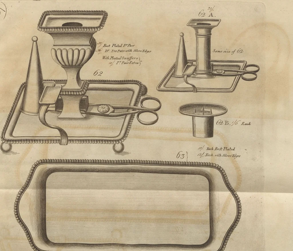 An illustration from Engraved pattern book or trade catalogue of Sheffield plate, including cruet, soy frames, dinnerware, soup tureens, sauce boats, platters, coasters, salt cellars, mustard pots, serving pieces, utensils, cake baskets, tea urns, candlesticks, candelabra, oil lamps, snuffers and more, 1800, leaf 114