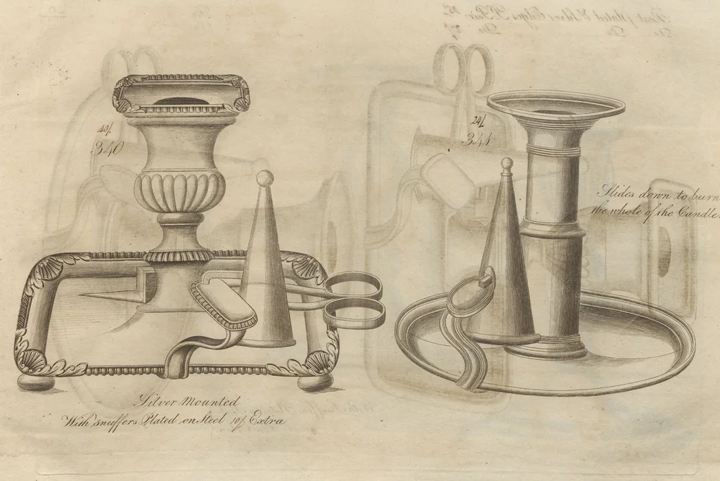 An illustration from Engraved pattern book or trade catalogue of Sheffield plate, including cruet, soy frames, dinnerware, soup tureens, sauce boats, platters, coasters, salt cellars, mustard pots, serving pieces, utensils, cake baskets, tea urns, candlesticks, candelabra, oil lamps, snuffers and more, 1800, leaf 115