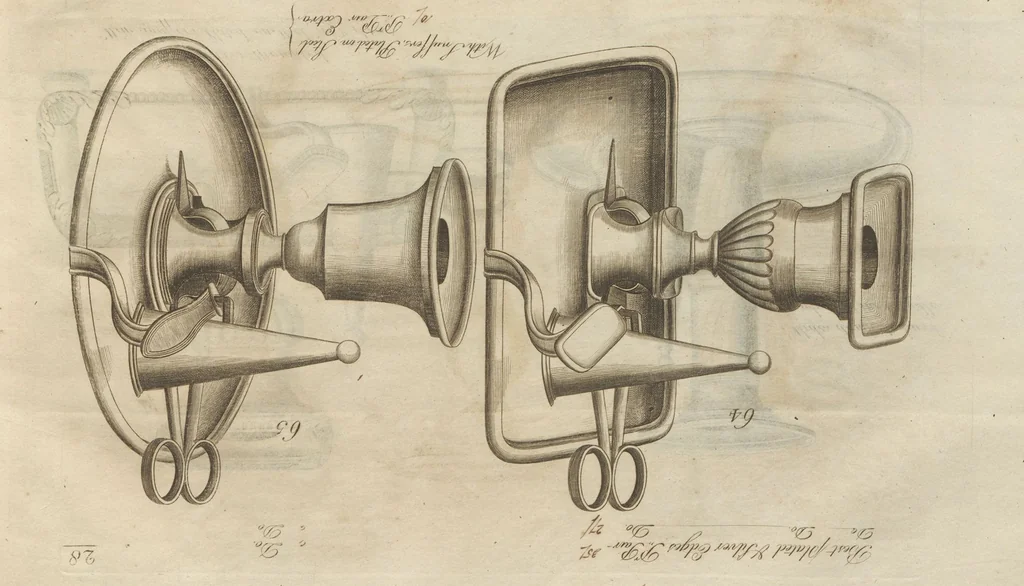 An illustration from Engraved pattern book or trade catalogue of Sheffield plate, including cruet, soy frames, dinnerware, soup tureens, sauce boats, platters, coasters, salt cellars, mustard pots, serving pieces, utensils, cake baskets, tea urns, candlesticks, candelabra, oil lamps, snuffers and more, 1800, leaf 116
