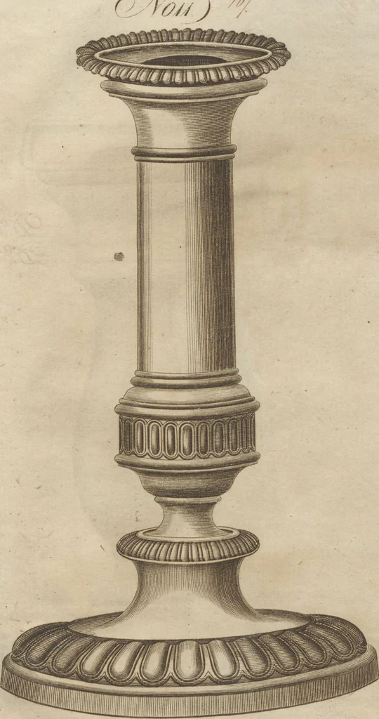 An illustration from Engraved pattern book or trade catalogue of Sheffield plate, including cruet, soy frames, dinnerware, soup tureens, sauce boats, platters, coasters, salt cellars, mustard pots, serving pieces, utensils, cake baskets, tea urns, candlesticks, candelabra, oil lamps, snuffers and more, 1800, leaf 120
