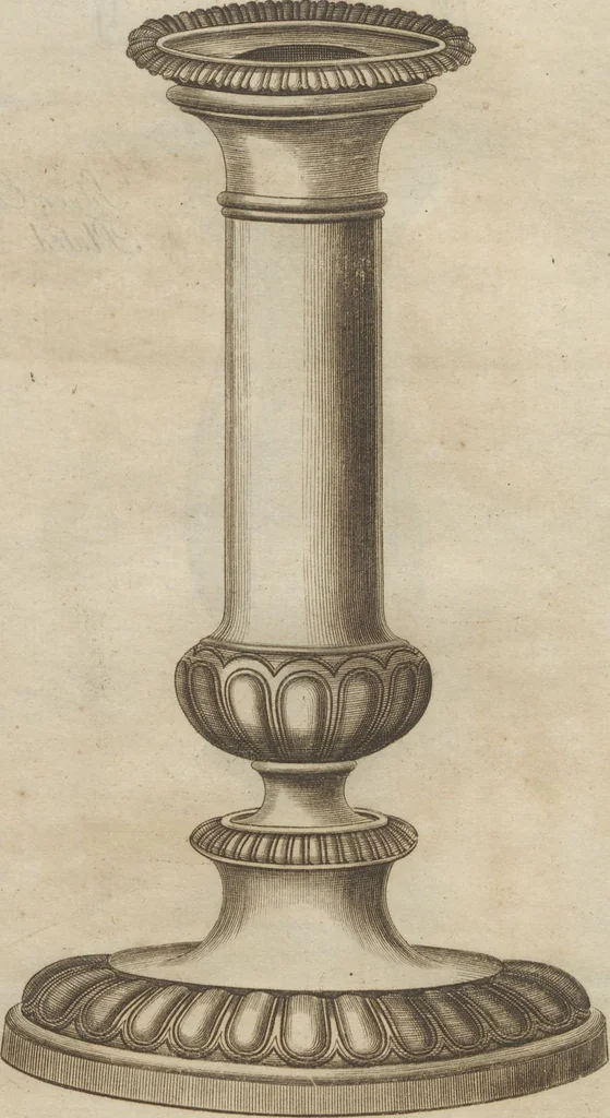 An illustration from Engraved pattern book or trade catalogue of Sheffield plate, including cruet, soy frames, dinnerware, soup tureens, sauce boats, platters, coasters, salt cellars, mustard pots, serving pieces, utensils, cake baskets, tea urns, candlesticks, candelabra, oil lamps, snuffers and more, 1800, leaf 120