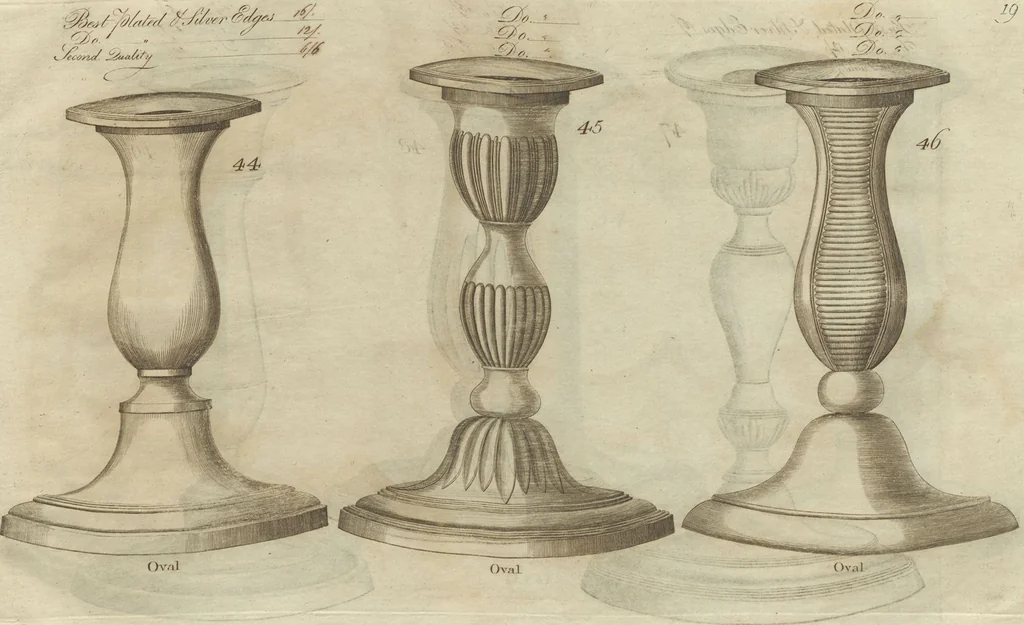 An illustration from Engraved pattern book or trade catalogue of Sheffield plate, including cruet, soy frames, dinnerware, soup tureens, sauce boats, platters, coasters, salt cellars, mustard pots, serving pieces, utensils, cake baskets, tea urns, candlesticks, candelabra, oil lamps, snuffers and more, 1800, leaf 122