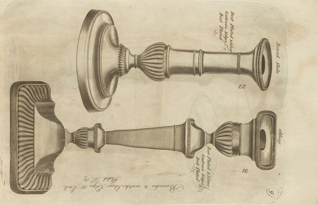 An illustration from Engraved pattern book or trade catalogue of Sheffield plate, including cruet, soy frames, dinnerware, soup tureens, sauce boats, platters, coasters, salt cellars, mustard pots, serving pieces, utensils, cake baskets, tea urns, candlesticks, candelabra, oil lamps, snuffers and more, 1800, leaf 131