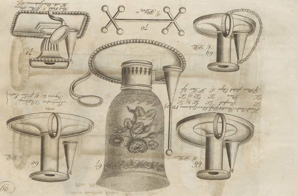 An illustration from Engraved pattern book or trade catalogue of Sheffield plate, including cruet, soy frames, dinnerware, soup tureens, sauce boats, platters, coasters, salt cellars, mustard pots, serving pieces, utensils, cake baskets, tea urns, candlesticks, candelabra, oil lamps, snuffers and more, 1800, leaf 135