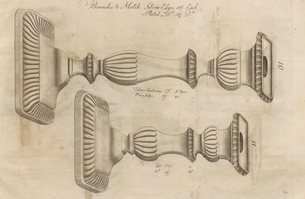 An illustration from Engraved pattern book or trade catalogue of Sheffield plate, including cruet, soy frames, dinnerware, soup tureens, sauce boats, platters, coasters, salt cellars, mustard pots, serving pieces, utensils, cake baskets, tea urns, candlesticks, candelabra, oil lamps, snuffers and more, 1800, leaf 136