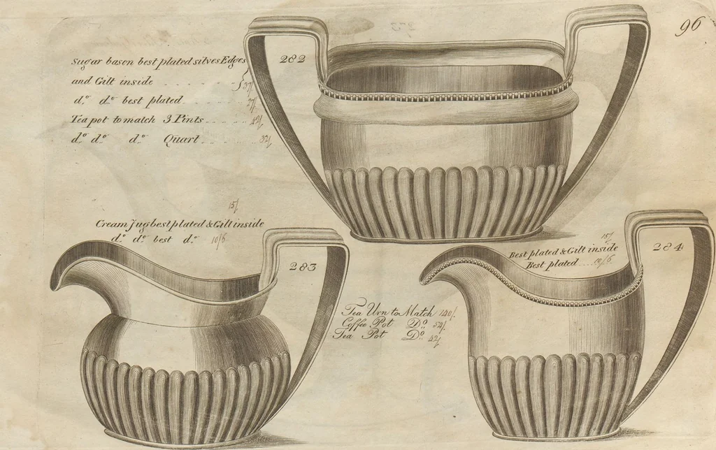 An illustration from Engraved pattern book or trade catalogue of Sheffield plate, including cruet, soy frames, dinnerware, soup tureens, sauce boats, platters, coasters, salt cellars, mustard pots, serving pieces, utensils, cake baskets, tea urns, candlesticks, candelabra, oil lamps, snuffers and more, 1800, leaf 14