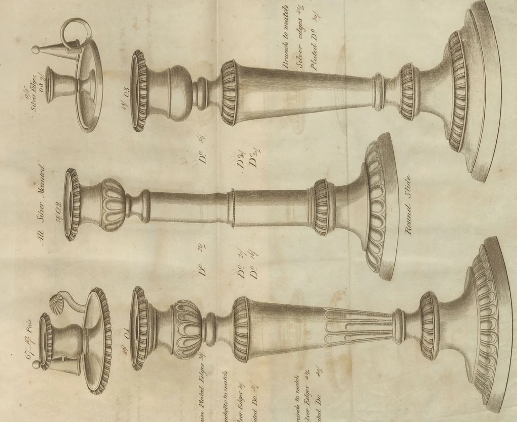 An illustration from Engraved pattern book or trade catalogue of Sheffield plate, including cruet, soy frames, dinnerware, soup tureens, sauce boats, platters, coasters, salt cellars, mustard pots, serving pieces, utensils, cake baskets, tea urns, candlesticks, candelabra, oil lamps, snuffers and more, 1800, leaf 140