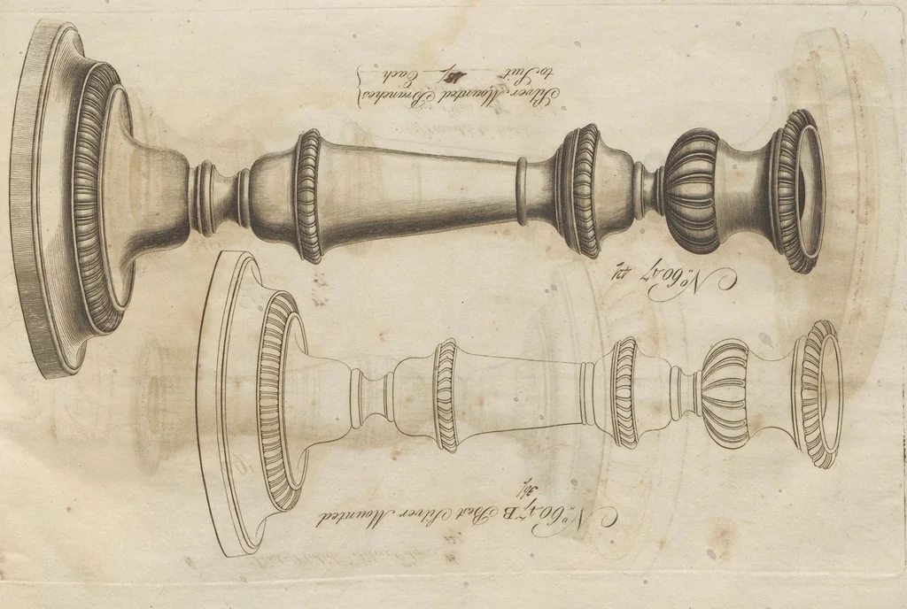 An illustration from Engraved pattern book or trade catalogue of Sheffield plate, including cruet, soy frames, dinnerware, soup tureens, sauce boats, platters, coasters, salt cellars, mustard pots, serving pieces, utensils, cake baskets, tea urns, candlesticks, candelabra, oil lamps, snuffers and more, 1800, leaf 142