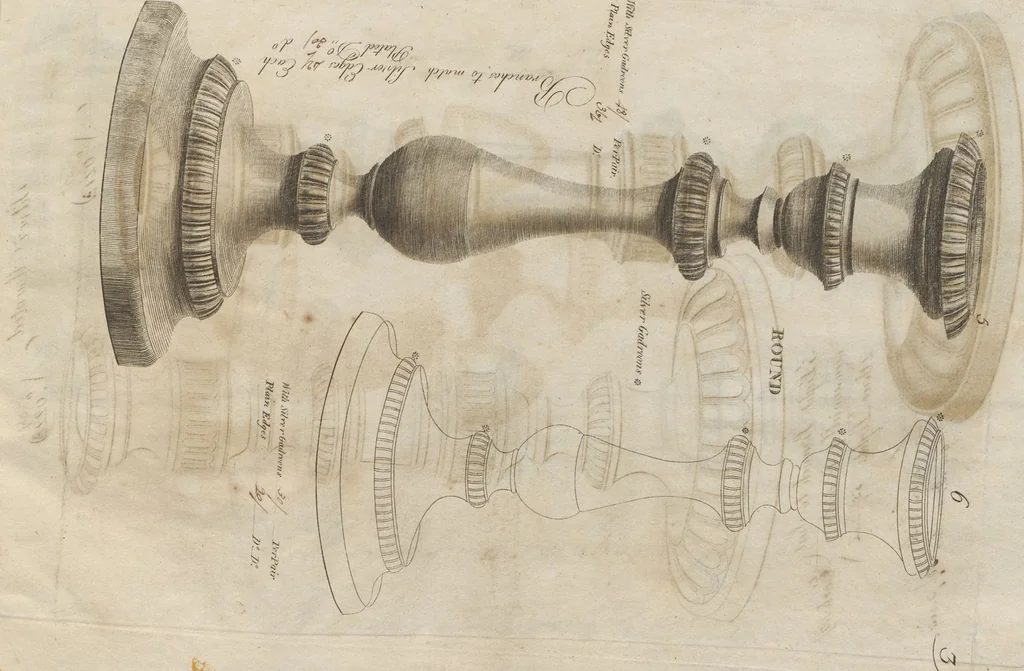 An illustration from Engraved pattern book or trade catalogue of Sheffield plate, including cruet, soy frames, dinnerware, soup tureens, sauce boats, platters, coasters, salt cellars, mustard pots, serving pieces, utensils, cake baskets, tea urns, candlesticks, candelabra, oil lamps, snuffers and more, 1800, leaf 144