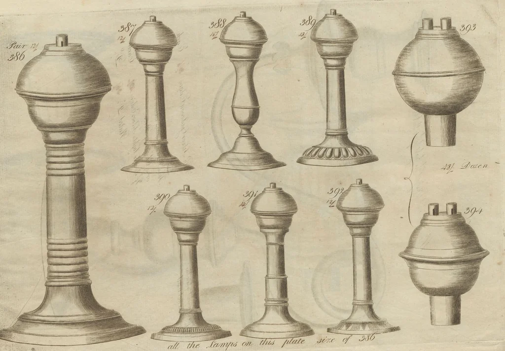 An illustration from Engraved pattern book or trade catalogue of Sheffield plate, including cruet, soy frames, dinnerware, soup tureens, sauce boats, platters, coasters, salt cellars, mustard pots, serving pieces, utensils, cake baskets, tea urns, candlesticks, candelabra, oil lamps, snuffers and more, 1800, leaf 145