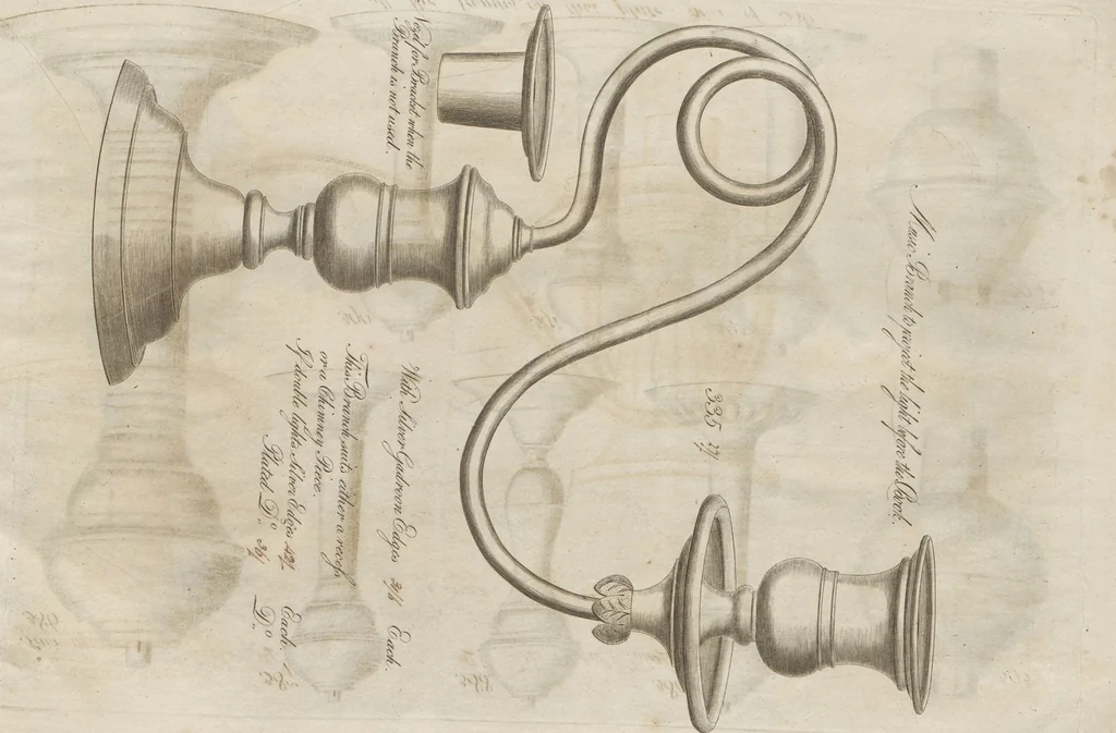 An illustration from Engraved pattern book or trade catalogue of Sheffield plate, including cruet, soy frames, dinnerware, soup tureens, sauce boats, platters, coasters, salt cellars, mustard pots, serving pieces, utensils, cake baskets, tea urns, candlesticks, candelabra, oil lamps, snuffers and more, 1800, leaf 146