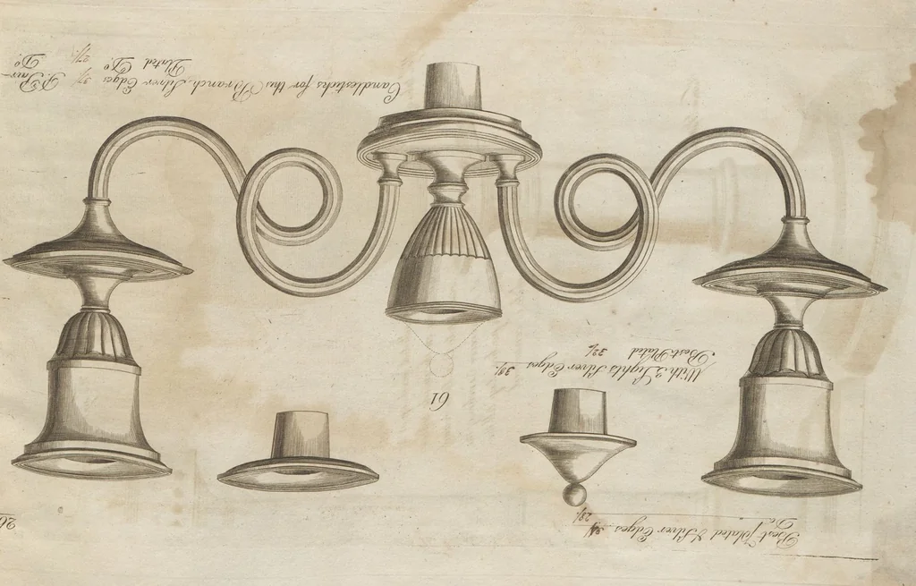 An illustration from Engraved pattern book or trade catalogue of Sheffield plate, including cruet, soy frames, dinnerware, soup tureens, sauce boats, platters, coasters, salt cellars, mustard pots, serving pieces, utensils, cake baskets, tea urns, candlesticks, candelabra, oil lamps, snuffers and more, 1800, leaf 149