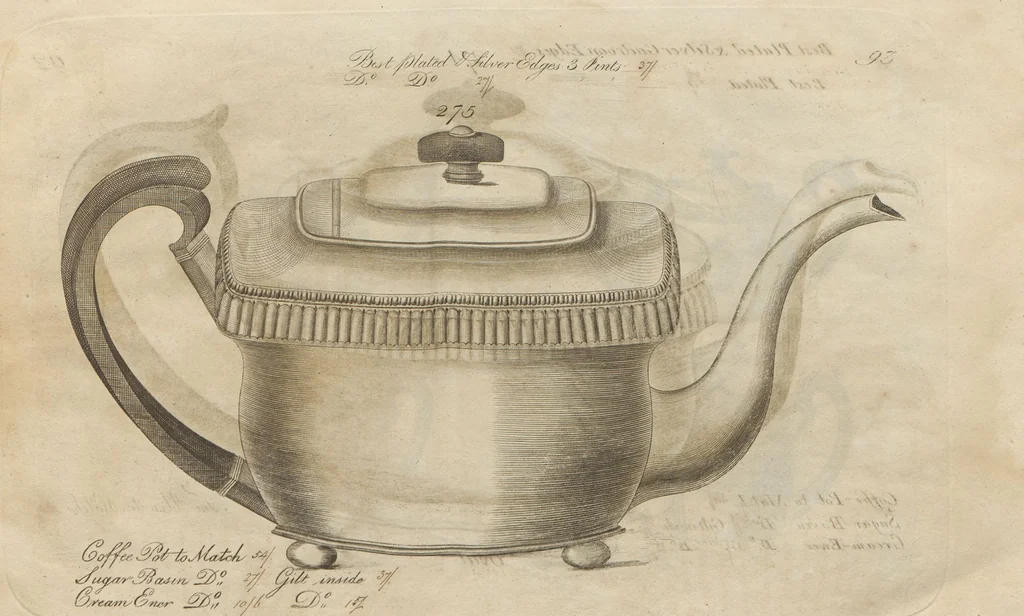 An illustration from Engraved pattern book or trade catalogue of Sheffield plate, including cruet, soy frames, dinnerware, soup tureens, sauce boats, platters, coasters, salt cellars, mustard pots, serving pieces, utensils, cake baskets, tea urns, candlesticks, candelabra, oil lamps, snuffers and more, 1800, leaf 15