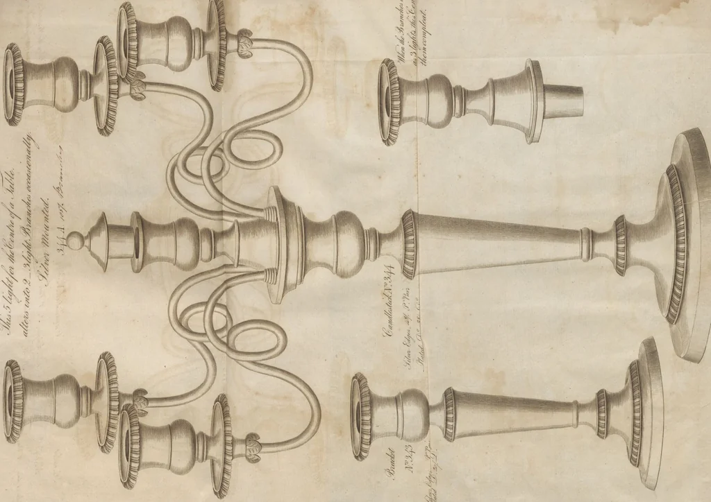An illustration from Engraved pattern book or trade catalogue of Sheffield plate, including cruet, soy frames, dinnerware, soup tureens, sauce boats, platters, coasters, salt cellars, mustard pots, serving pieces, utensils, cake baskets, tea urns, candlesticks, candelabra, oil lamps, snuffers and more, 1800, leaf 151