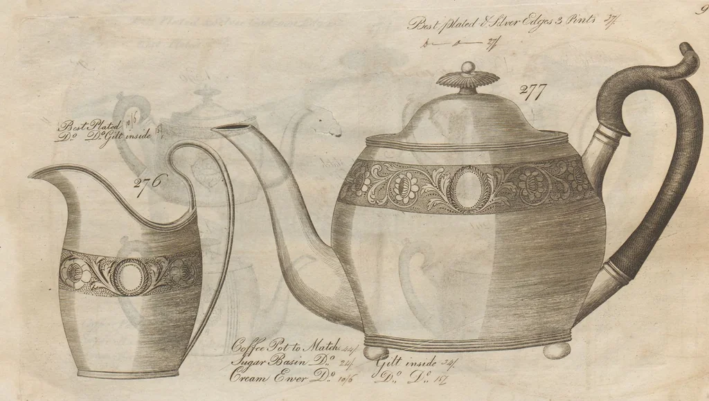 An illustration from Engraved pattern book or trade catalogue of Sheffield plate, including cruet, soy frames, dinnerware, soup tureens, sauce boats, platters, coasters, salt cellars, mustard pots, serving pieces, utensils, cake baskets, tea urns, candlesticks, candelabra, oil lamps, snuffers and more, 1800, leaf 16