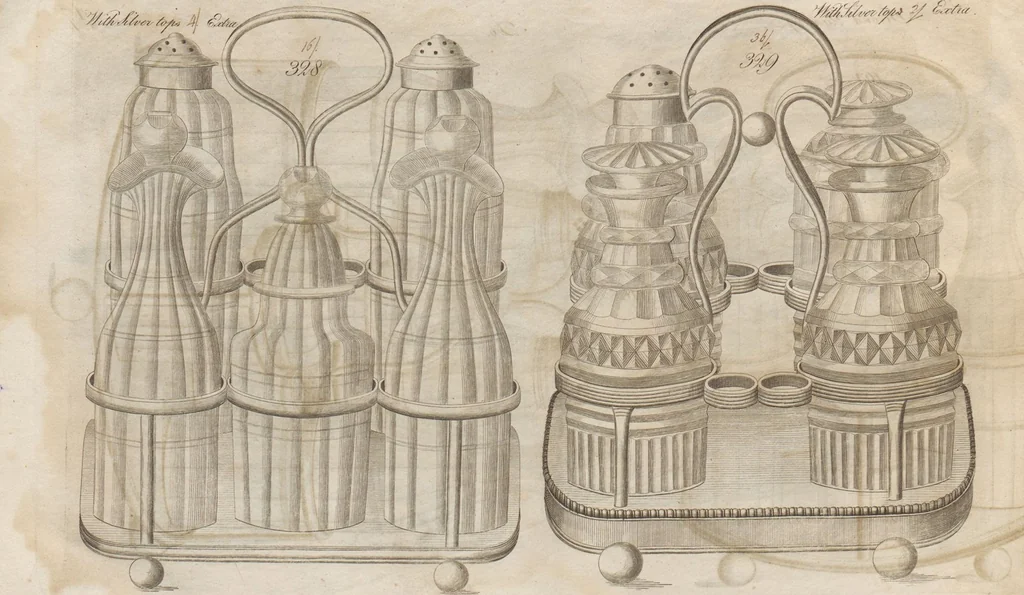 An illustration from Engraved pattern book or trade catalogue of Sheffield plate, including cruet, soy frames, dinnerware, soup tureens, sauce boats, platters, coasters, salt cellars, mustard pots, serving pieces, utensils, cake baskets, tea urns, candlesticks, candelabra, oil lamps, snuffers and more, 1800, leaf 18