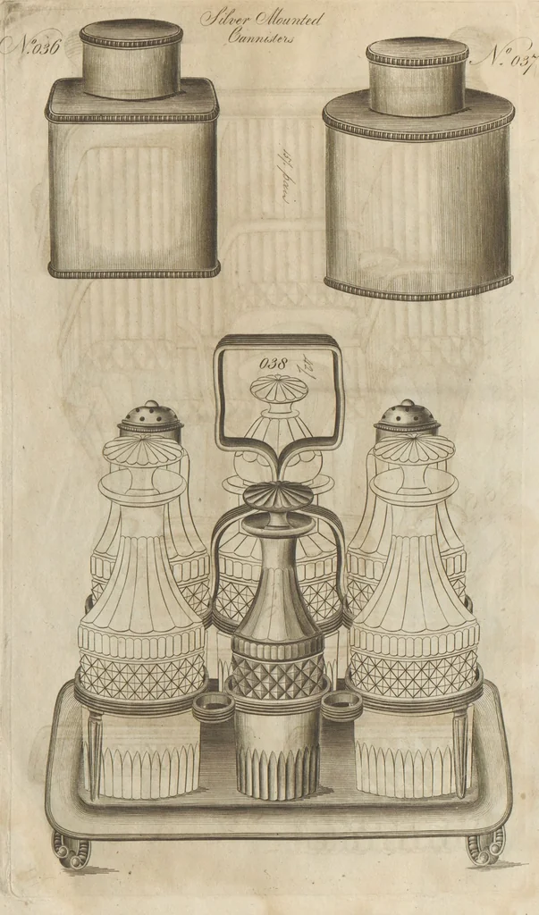 An illustration from Engraved pattern book or trade catalogue of Sheffield plate, including cruet, soy frames, dinnerware, soup tureens, sauce boats, platters, coasters, salt cellars, mustard pots, serving pieces, utensils, cake baskets, tea urns, candlesticks, candelabra, oil lamps, snuffers and more, 1800, leaf 19