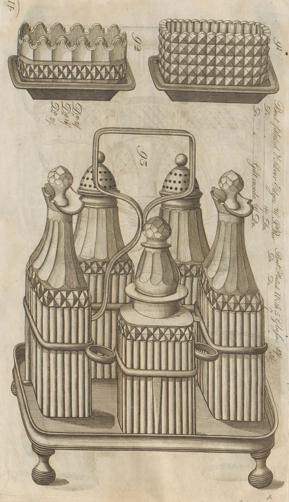 An illustration from Engraved pattern book or trade catalogue of Sheffield plate, including cruet, soy frames, dinnerware, soup tureens, sauce boats, platters, coasters, salt cellars, mustard pots, serving pieces, utensils, cake baskets, tea urns, candlesticks, candelabra, oil lamps, snuffers and more, 1800, leaf 20