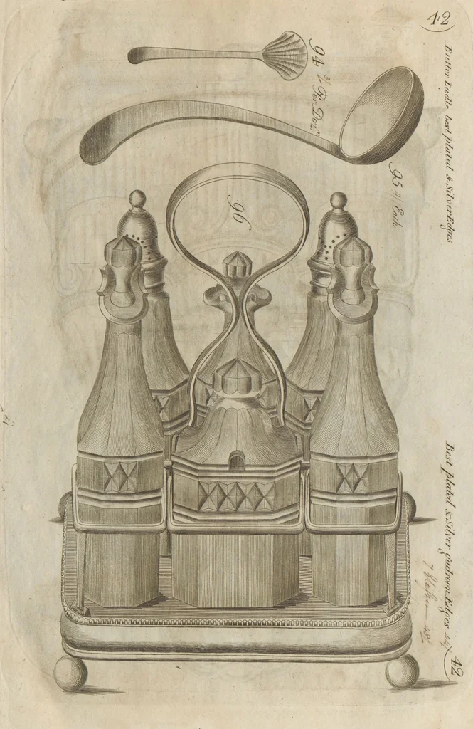 An illustration from Engraved pattern book or trade catalogue of Sheffield plate, including cruet, soy frames, dinnerware, soup tureens, sauce boats, platters, coasters, salt cellars, mustard pots, serving pieces, utensils, cake baskets, tea urns, candlesticks, candelabra, oil lamps, snuffers and more, 1800, leaf 21