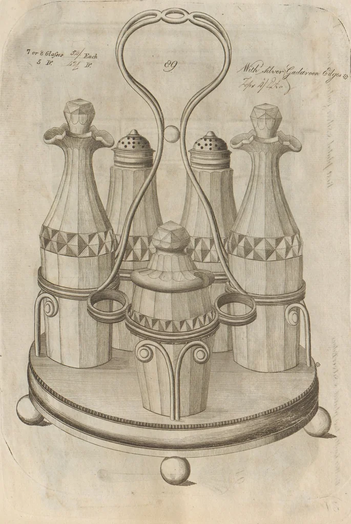 An illustration from Engraved pattern book or trade catalogue of Sheffield plate, including cruet, soy frames, dinnerware, soup tureens, sauce boats, platters, coasters, salt cellars, mustard pots, serving pieces, utensils, cake baskets, tea urns, candlesticks, candelabra, oil lamps, snuffers and more, 1800, leaf 22
