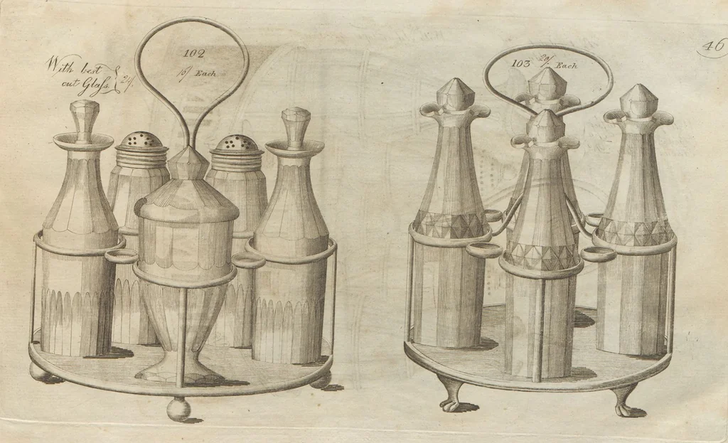 An illustration from Engraved pattern book or trade catalogue of Sheffield plate, including cruet, soy frames, dinnerware, soup tureens, sauce boats, platters, coasters, salt cellars, mustard pots, serving pieces, utensils, cake baskets, tea urns, candlesticks, candelabra, oil lamps, snuffers and more, 1800, leaf 23