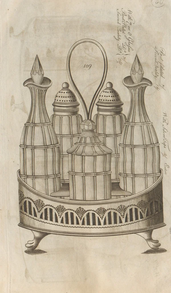 An illustration from Engraved pattern book or trade catalogue of Sheffield plate, including cruet, soy frames, dinnerware, soup tureens, sauce boats, platters, coasters, salt cellars, mustard pots, serving pieces, utensils, cake baskets, tea urns, candlesticks, candelabra, oil lamps, snuffers and more, 1800, leaf 24
