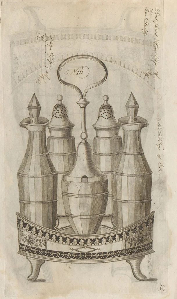 An illustration from Engraved pattern book or trade catalogue of Sheffield plate, including cruet, soy frames, dinnerware, soup tureens, sauce boats, platters, coasters, salt cellars, mustard pots, serving pieces, utensils, cake baskets, tea urns, candlesticks, candelabra, oil lamps, snuffers and more, 1800, leaf 25