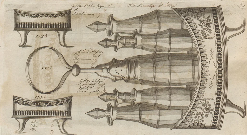 An illustration from Engraved pattern book or trade catalogue of Sheffield plate, including cruet, soy frames, dinnerware, soup tureens, sauce boats, platters, coasters, salt cellars, mustard pots, serving pieces, utensils, cake baskets, tea urns, candlesticks, candelabra, oil lamps, snuffers and more, 1800, leaf 26
