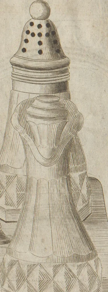 An illustration from Engraved pattern book or trade catalogue of Sheffield plate, including cruet, soy frames, dinnerware, soup tureens, sauce boats, platters, coasters, salt cellars, mustard pots, serving pieces, utensils, cake baskets, tea urns, candlesticks, candelabra, oil lamps, snuffers and more, 1800, leaf 30