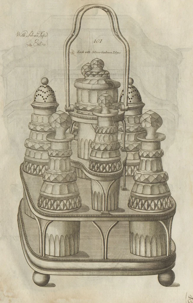 An illustration from Engraved pattern book or trade catalogue of Sheffield plate, including cruet, soy frames, dinnerware, soup tureens, sauce boats, platters, coasters, salt cellars, mustard pots, serving pieces, utensils, cake baskets, tea urns, candlesticks, candelabra, oil lamps, snuffers and more, 1800, leaf 31