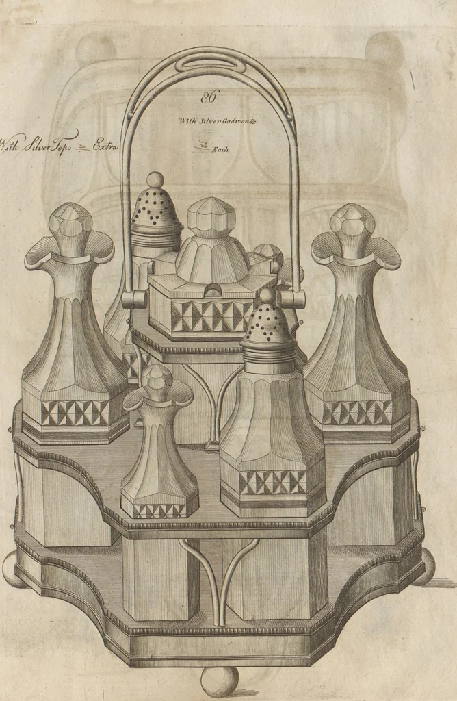 An illustration from Engraved pattern book or trade catalogue of Sheffield plate, including cruet, soy frames, dinnerware, soup tureens, sauce boats, platters, coasters, salt cellars, mustard pots, serving pieces, utensils, cake baskets, tea urns, candlesticks, candelabra, oil lamps, snuffers and more, 1800, leaf 32