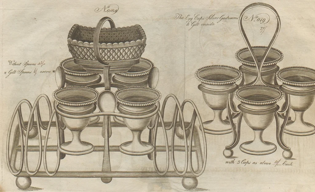 An illustration from Engraved pattern book or trade catalogue of Sheffield plate, including cruet, soy frames, dinnerware, soup tureens, sauce boats, platters, coasters, salt cellars, mustard pots, serving pieces, utensils, cake baskets, tea urns, candlesticks, candelabra, oil lamps, snuffers and more, 1800, leaf 34