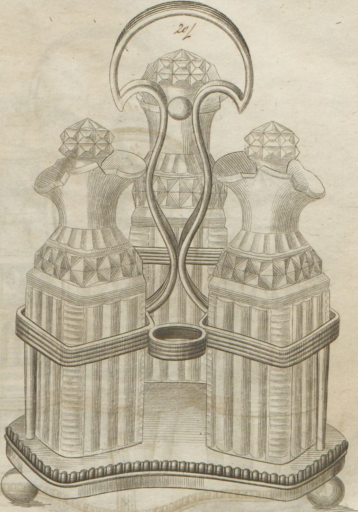 An illustration from Engraved pattern book or trade catalogue of Sheffield plate, including cruet, soy frames, dinnerware, soup tureens, sauce boats, platters, coasters, salt cellars, mustard pots, serving pieces, utensils, cake baskets, tea urns, candlesticks, candelabra, oil lamps, snuffers and more, 1800, leaf 35