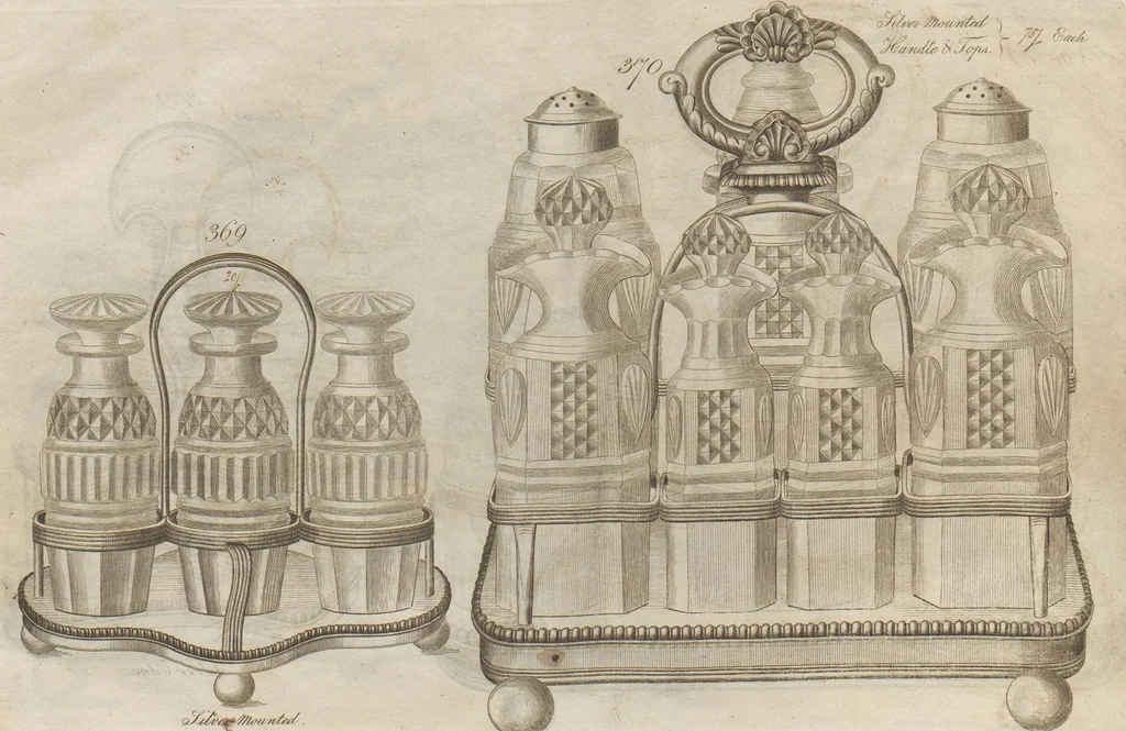An illustration from Engraved pattern book or trade catalogue of Sheffield plate, including cruet, soy frames, dinnerware, soup tureens, sauce boats, platters, coasters, salt cellars, mustard pots, serving pieces, utensils, cake baskets, tea urns, candlesticks, candelabra, oil lamps, snuffers and more, 1800, leaf 36