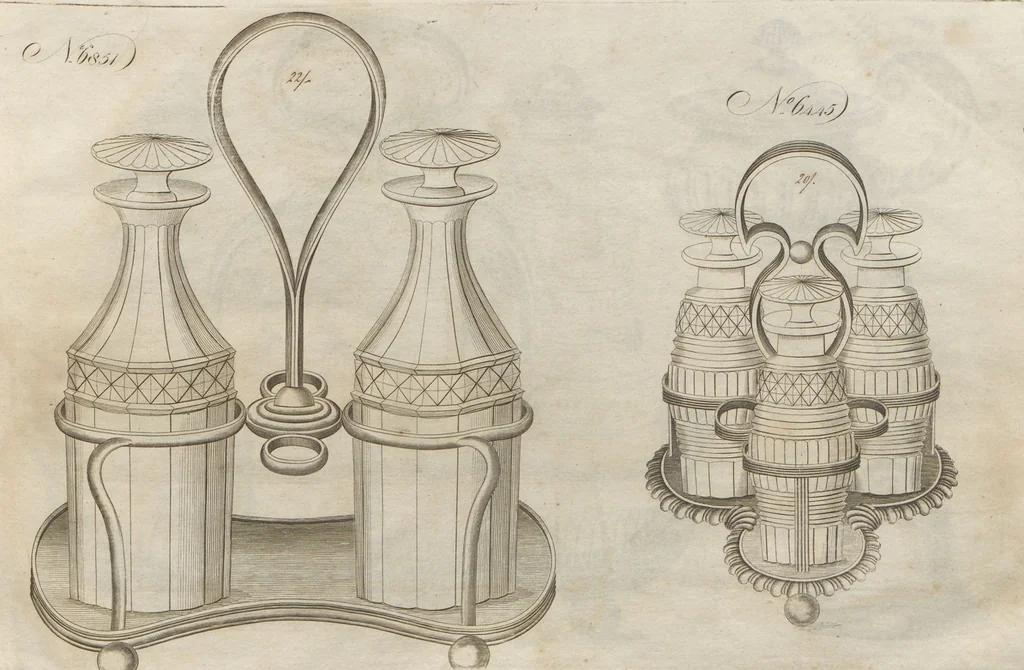 An illustration from Engraved pattern book or trade catalogue of Sheffield plate, including cruet, soy frames, dinnerware, soup tureens, sauce boats, platters, coasters, salt cellars, mustard pots, serving pieces, utensils, cake baskets, tea urns, candlesticks, candelabra, oil lamps, snuffers and more, 1800, leaf 37