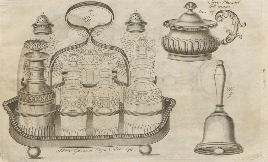 An illustration from Engraved pattern book or trade catalogue of Sheffield plate, including cruet, soy frames, dinnerware, soup tureens, sauce boats, platters, coasters, salt cellars, mustard pots, serving pieces, utensils, cake baskets, tea urns, candlesticks, candelabra, oil lamps, snuffers and more, 1800, leaf 38