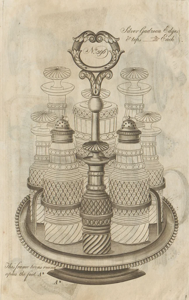 An illustration from Engraved pattern book or trade catalogue of Sheffield plate, including cruet, soy frames, dinnerware, soup tureens, sauce boats, platters, coasters, salt cellars, mustard pots, serving pieces, utensils, cake baskets, tea urns, candlesticks, candelabra, oil lamps, snuffers and more, 1800, leaf 39
