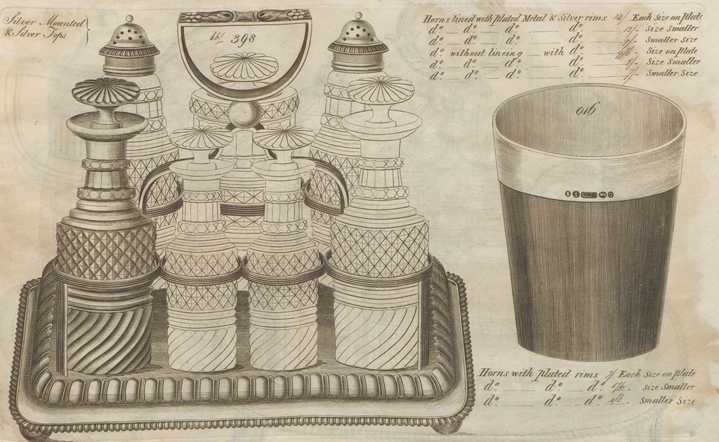 An illustration from Engraved pattern book or trade catalogue of Sheffield plate, including cruet, soy frames, dinnerware, soup tureens, sauce boats, platters, coasters, salt cellars, mustard pots, serving pieces, utensils, cake baskets, tea urns, candlesticks, candelabra, oil lamps, snuffers and more, 1800, leaf 40