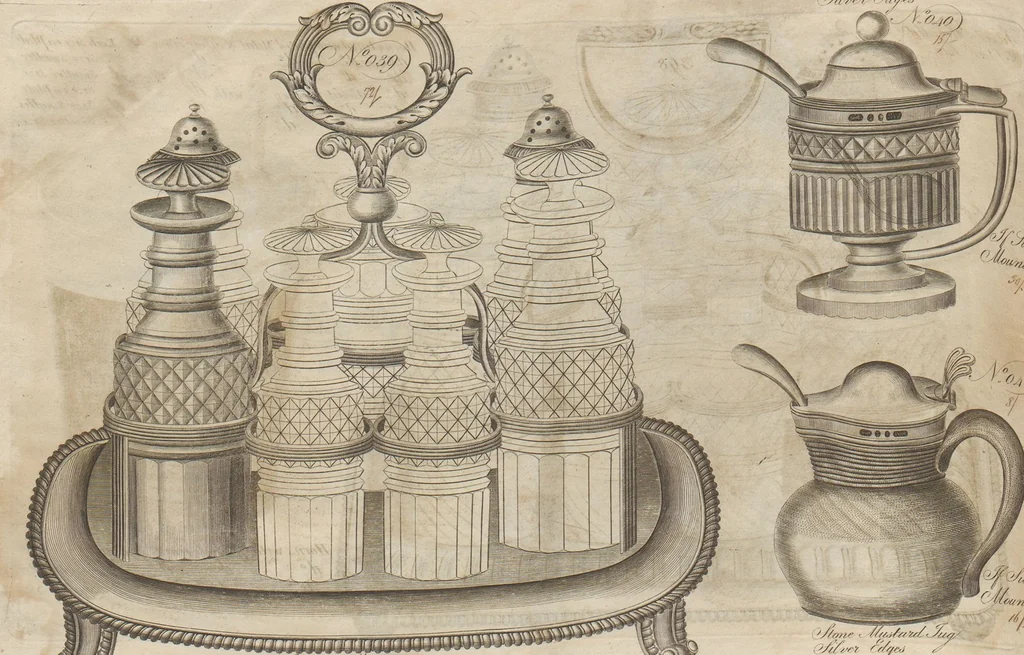 An illustration from Engraved pattern book or trade catalogue of Sheffield plate, including cruet, soy frames, dinnerware, soup tureens, sauce boats, platters, coasters, salt cellars, mustard pots, serving pieces, utensils, cake baskets, tea urns, candlesticks, candelabra, oil lamps, snuffers and more, 1800, leaf 41