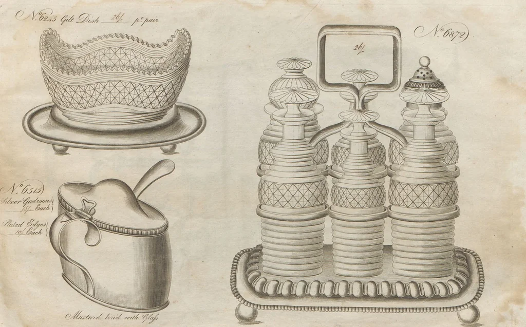 An illustration from Engraved pattern book or trade catalogue of Sheffield plate, including cruet, soy frames, dinnerware, soup tureens, sauce boats, platters, coasters, salt cellars, mustard pots, serving pieces, utensils, cake baskets, tea urns, candlesticks, candelabra, oil lamps, snuffers and more, 1800, leaf 42