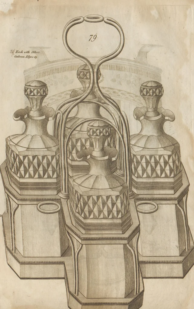 An illustration from Engraved pattern book or trade catalogue of Sheffield plate, including cruet, soy frames, dinnerware, soup tureens, sauce boats, platters, coasters, salt cellars, mustard pots, serving pieces, utensils, cake baskets, tea urns, candlesticks, candelabra, oil lamps, snuffers and more, 1800, leaf 44