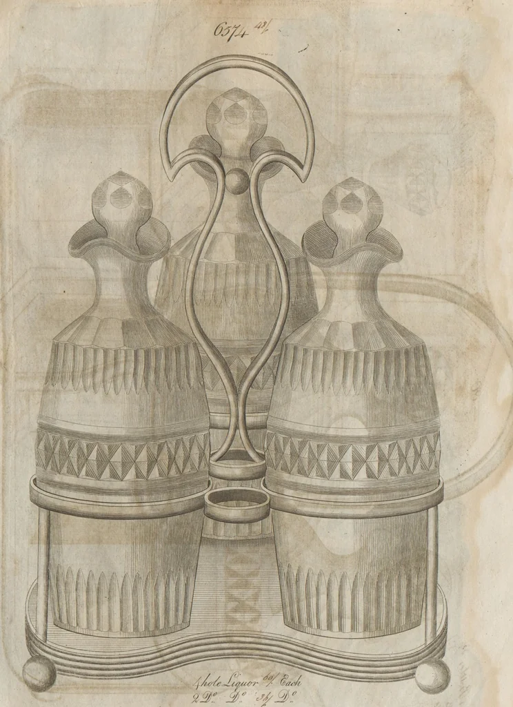 An illustration from Engraved pattern book or trade catalogue of Sheffield plate, including cruet, soy frames, dinnerware, soup tureens, sauce boats, platters, coasters, salt cellars, mustard pots, serving pieces, utensils, cake baskets, tea urns, candlesticks, candelabra, oil lamps, snuffers and more, 1800, leaf 45