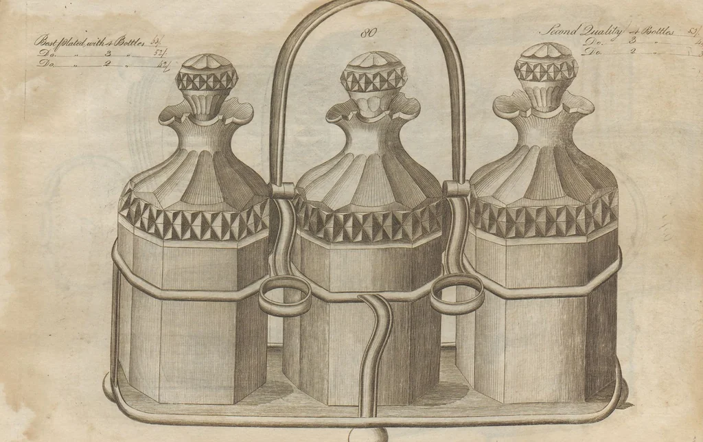 An illustration from Engraved pattern book or trade catalogue of Sheffield plate, including cruet, soy frames, dinnerware, soup tureens, sauce boats, platters, coasters, salt cellars, mustard pots, serving pieces, utensils, cake baskets, tea urns, candlesticks, candelabra, oil lamps, snuffers and more, 1800, leaf 46