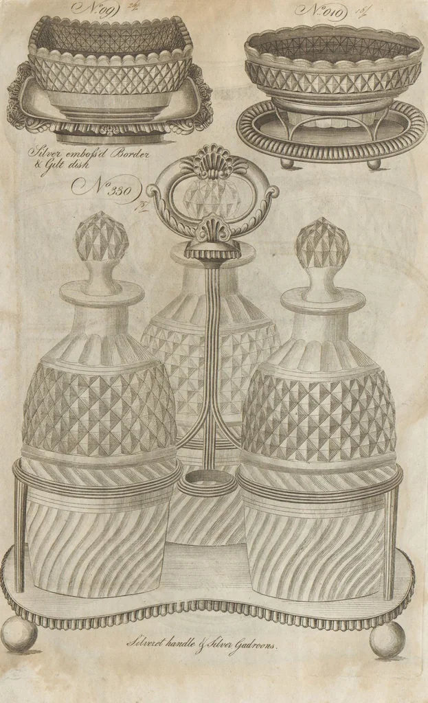 An illustration from Engraved pattern book or trade catalogue of Sheffield plate, including cruet, soy frames, dinnerware, soup tureens, sauce boats, platters, coasters, salt cellars, mustard pots, serving pieces, utensils, cake baskets, tea urns, candlesticks, candelabra, oil lamps, snuffers and more, 1800, leaf 47