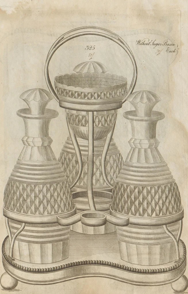 An illustration from Engraved pattern book or trade catalogue of Sheffield plate, including cruet, soy frames, dinnerware, soup tureens, sauce boats, platters, coasters, salt cellars, mustard pots, serving pieces, utensils, cake baskets, tea urns, candlesticks, candelabra, oil lamps, snuffers and more, 1800, leaf 48